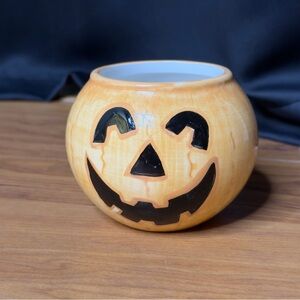 Vintage 90s Hand Painted Pumpkin Face Candle Holder Halloween Orange Black 1990s